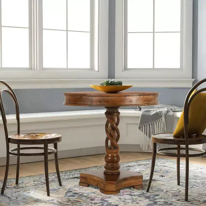 Table de salle à manger ronde 30" en bois de manguier fait main avec piédestal torsadé artisanal, marron noyer