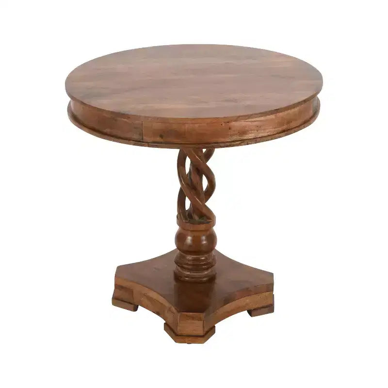 Table de salle à manger ronde 30" en bois de manguier fait main avec piédestal torsadé artisanal, marron noyer