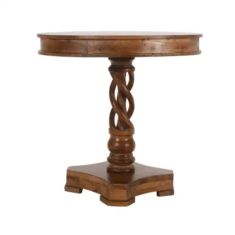 Table de salle à manger ronde 30" en bois de manguier fait main avec piédestal torsadé artisanal, marron noyer
