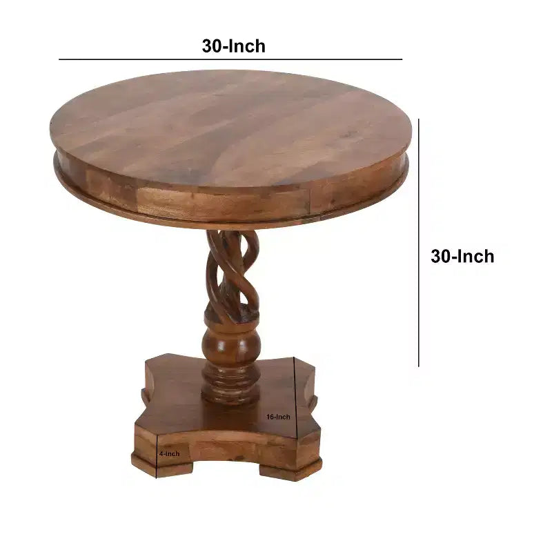 Table de salle à manger ronde 30" en bois de manguier fait main avec piédestal torsadé artisanal, marron noyer