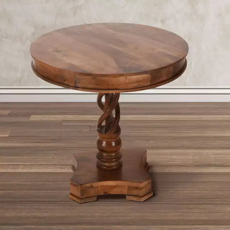 Table de salle à manger ronde 30" en bois de manguier fait main avec piédestal torsadé artisanal, marron noyer