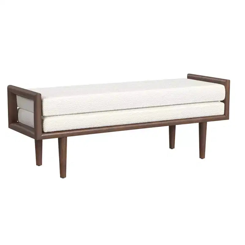 Banc rembourré en Boucle avec Base en Bois Crème : Finition Noyer Mi-ton, Forme Rectangulaire, Revêtement en Polyester