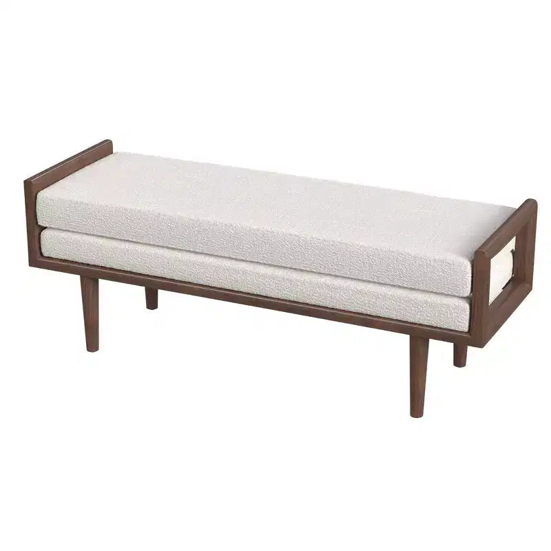 Banc rembourré en Boucle avec Base en Bois Crème : Finition Noyer Mi-ton, Forme Rectangulaire, Revêtement en Polyester