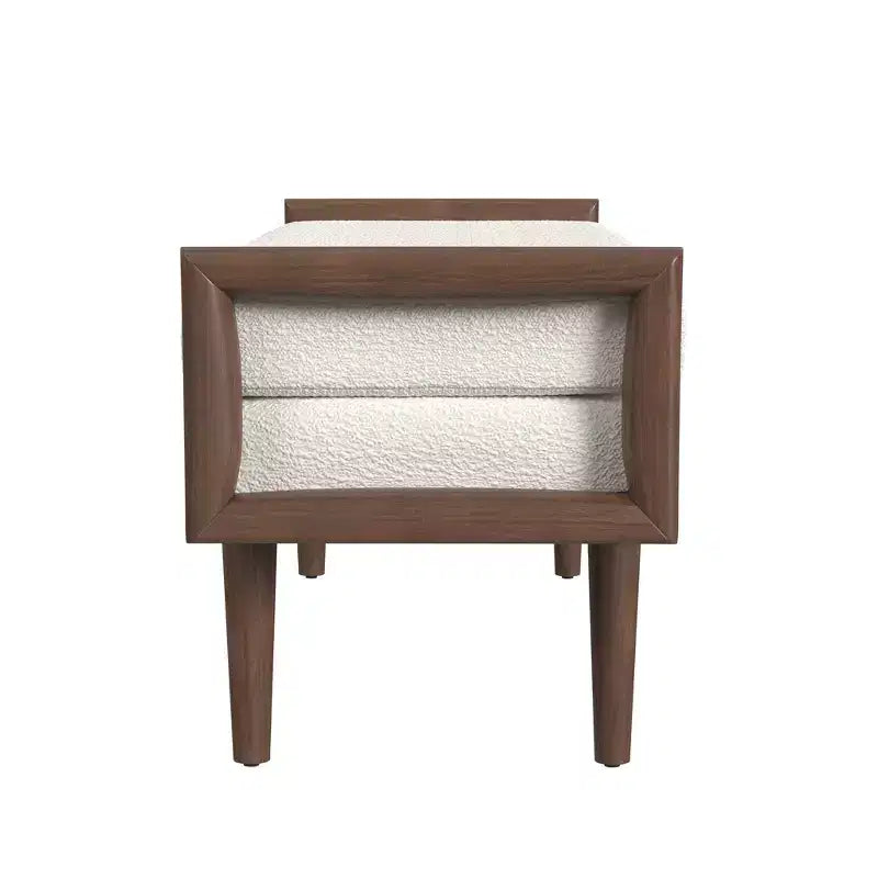Banc rembourré en Boucle avec Base en Bois Crème : Finition Noyer Mi-ton, Forme Rectangulaire, Revêtement en Polyester