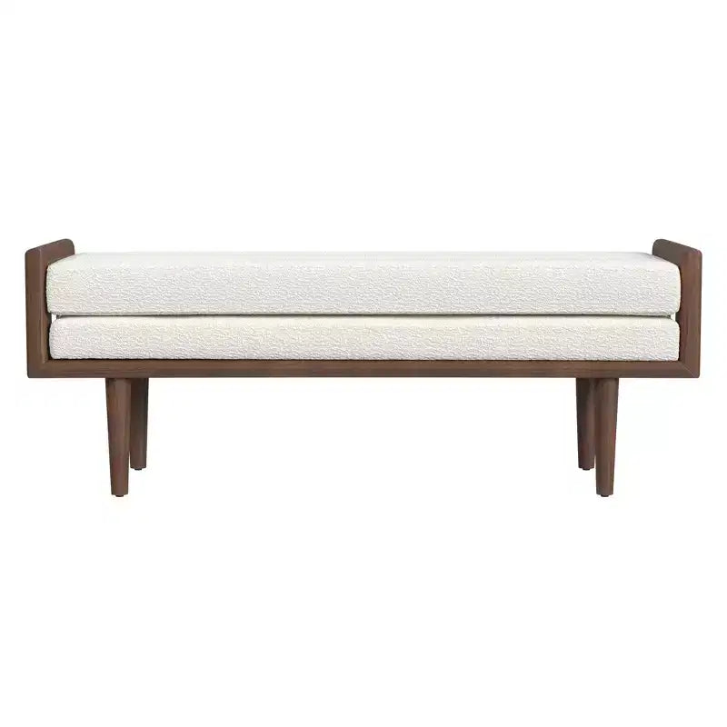 Banc rembourré en Boucle avec Base en Bois Crème : Finition Noyer Mi-ton, Forme Rectangulaire, Revêtement en Polyester
