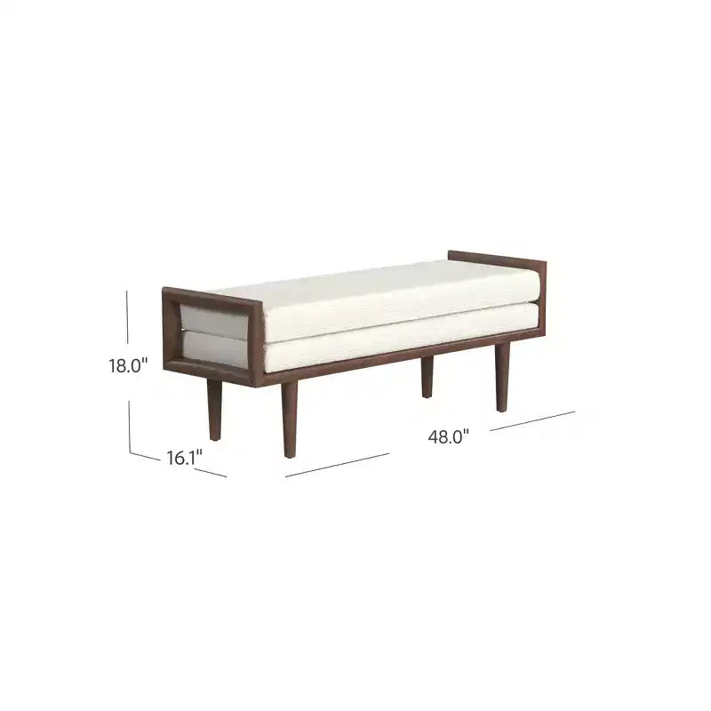 Banc rembourré en Boucle avec Base en Bois Crème : Finition Noyer Mi-ton, Forme Rectangulaire, Revêtement en Polyester