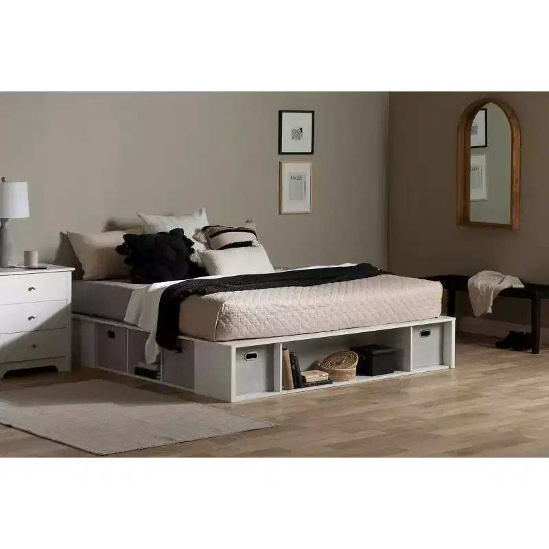 Lit plateforme King avec rangement flexible et paniers Blanc pur