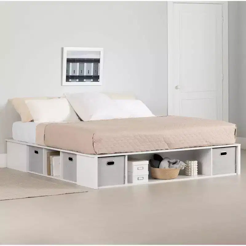 Lit plateforme King avec rangement flexible et paniers Blanc pur