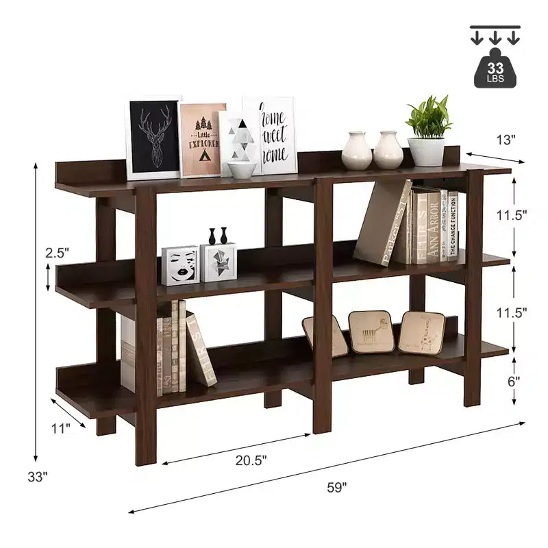 Table console à 3 niveaux de 59'' avec rangement, table d'entrée en bois pour canapé, Noyer Marron