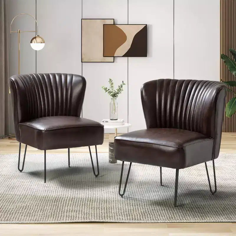 Set of 2 Eustacio Mid-back Tufted Faux Leather Accent Side Chair with Metal Base | Karat Home