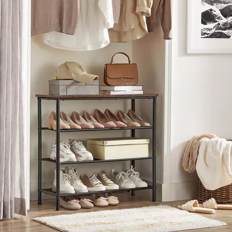 Étagère à chaussures, Range-chaussures à 4 niveaux pour 9-12 paires de chaussures, Organiseur de chaussures pour entrée, Marron rustique et noir