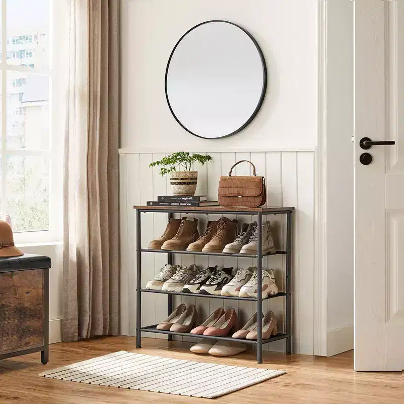 Étagère à chaussures, Range-chaussures à 4 niveaux pour 9-12 paires de chaussures, Organiseur de chaussures pour entrée, Marron rustique et noir
