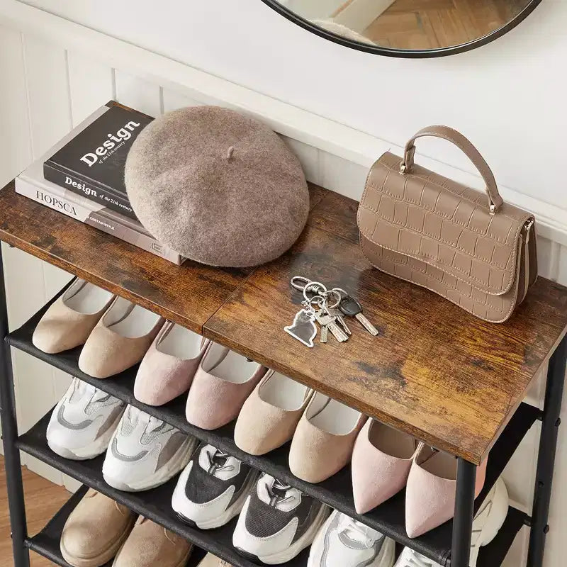 Étagère à chaussures, Range-chaussures à 4 niveaux pour 9-12 paires de chaussures, Organiseur de chaussures pour entrée, Marron rustique et noir