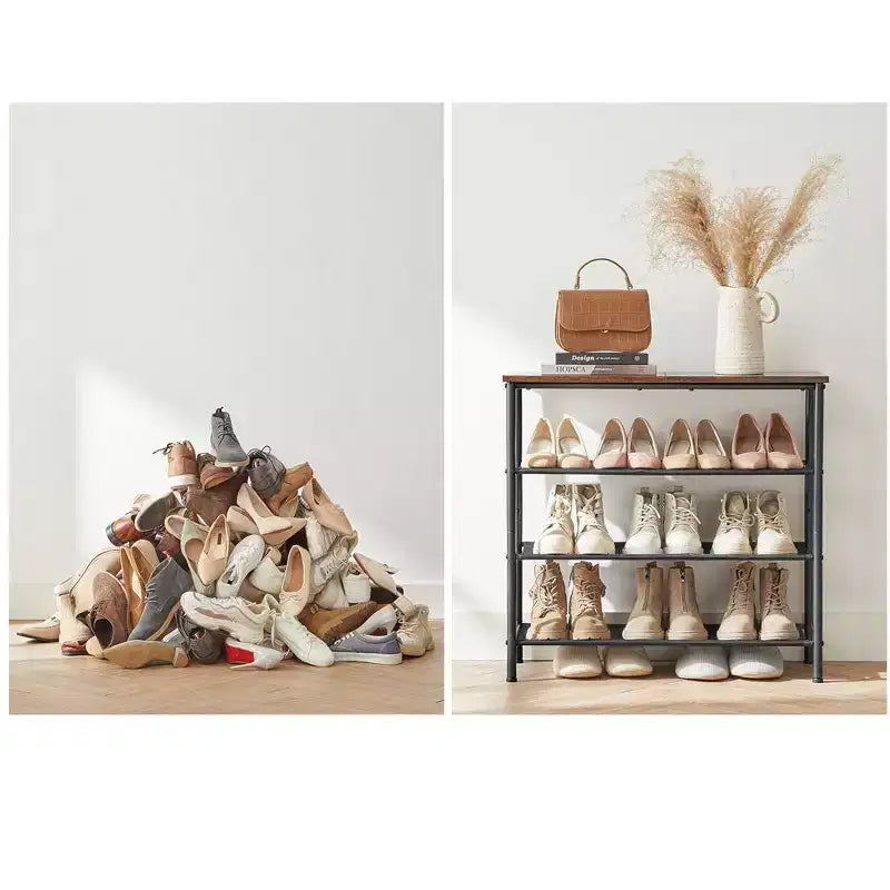 Étagère à chaussures, Range-chaussures à 4 niveaux pour 9-12 paires de chaussures, Organiseur de chaussures pour entrée, Marron rustique et noir