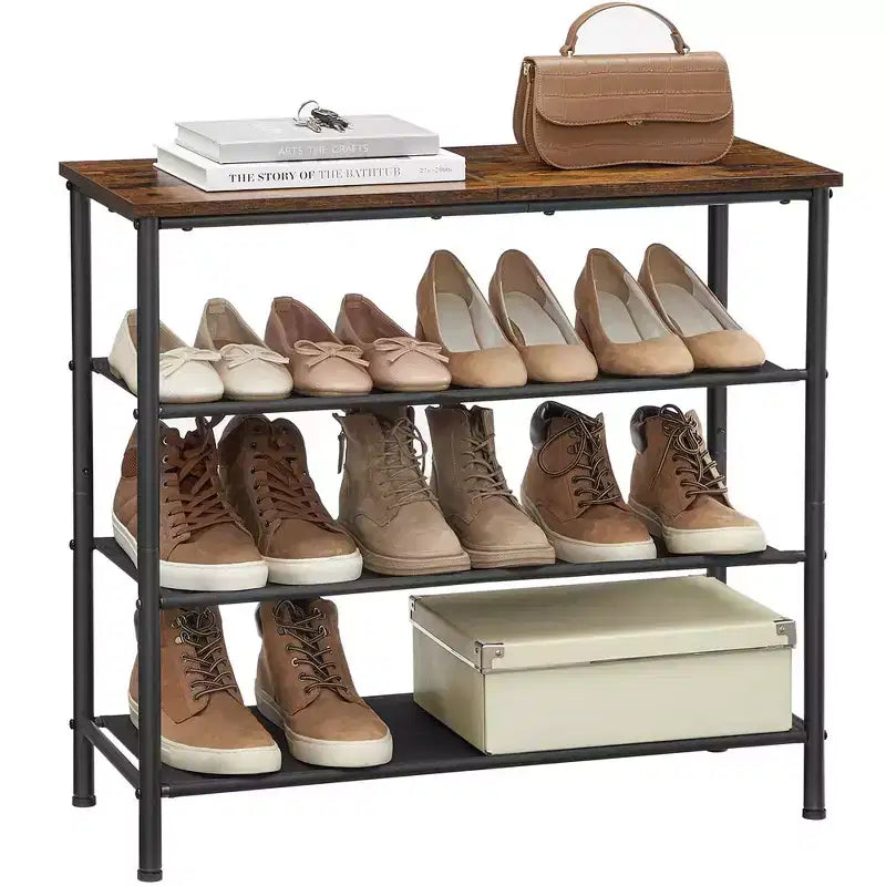 Étagère à chaussures, Range-chaussures à 4 niveaux pour 9-12 paires de chaussures, Organiseur de chaussures pour entrée, Marron rustique et noir