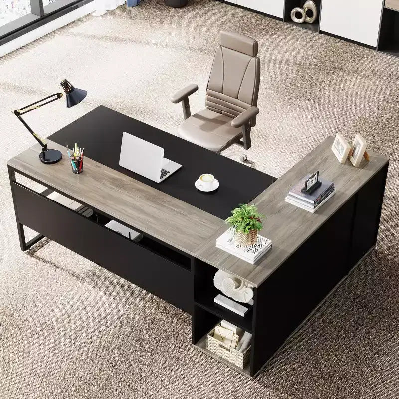 Bureau de direction de 70,86 pouces, bureau d'angle avec armoire de rangement, poste de travail de bureau professionnel pour bureau à domicile