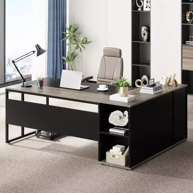 Bureau de direction de 70,86 pouces, bureau d'angle avec armoire de rangement, poste de travail de bureau professionnel pour bureau à domicile