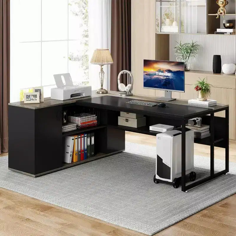 Bureau de direction de 70,86 pouces, bureau d'angle avec armoire de rangement, poste de travail de bureau professionnel pour bureau à domicile