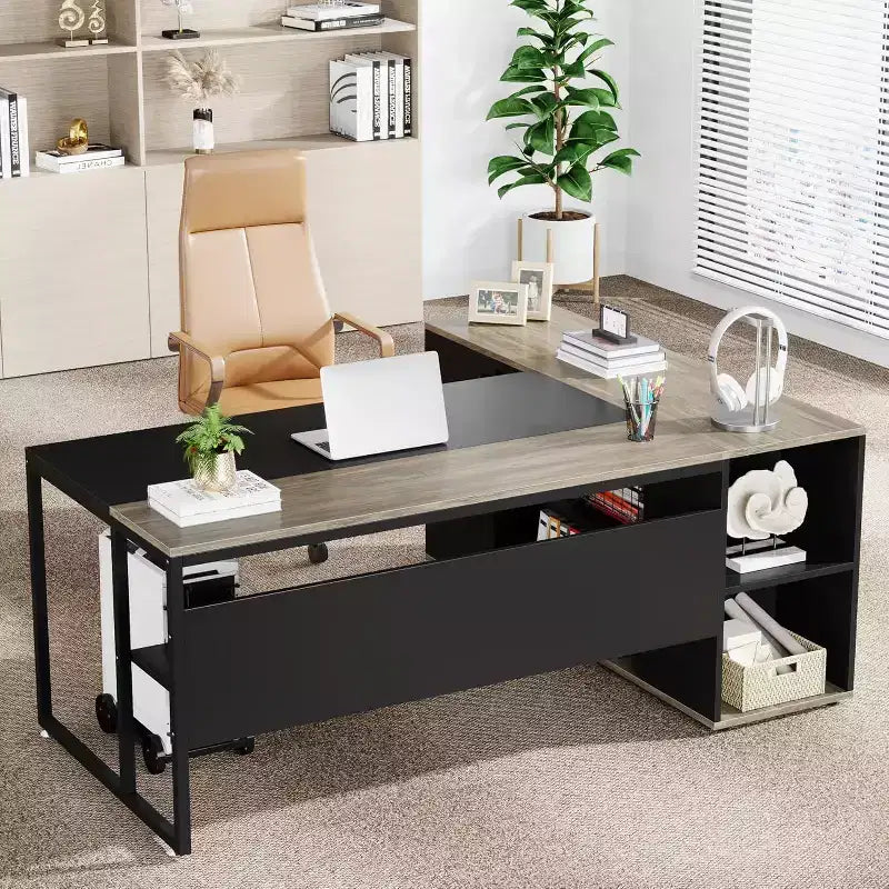 Bureau de direction de 70,86 pouces, bureau d'angle avec armoire de rangement, poste de travail de bureau professionnel pour bureau à domicile