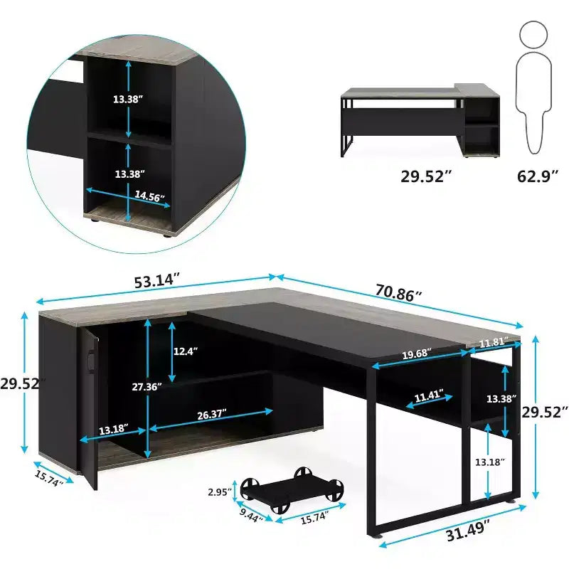 Bureau de direction de 70,86 pouces, bureau d'angle avec armoire de rangement, poste de travail de bureau professionnel pour bureau à domicile