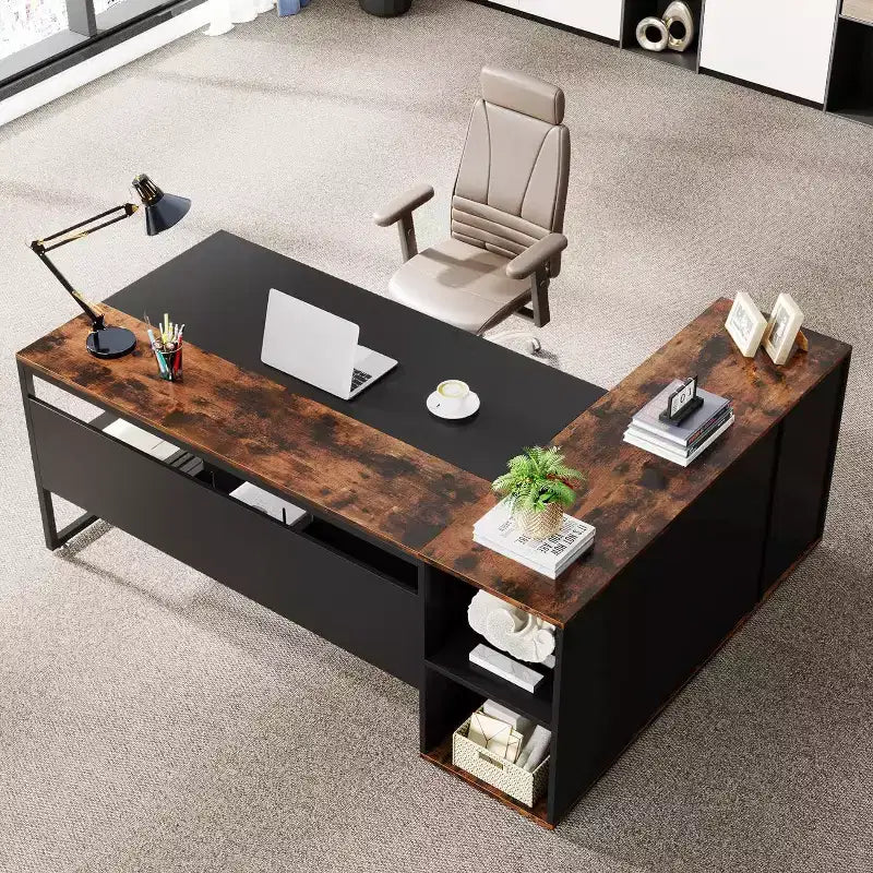 Bureau de direction de 70,86 pouces, bureau d'angle avec armoire de rangement, poste de travail de bureau professionnel pour bureau à domicile