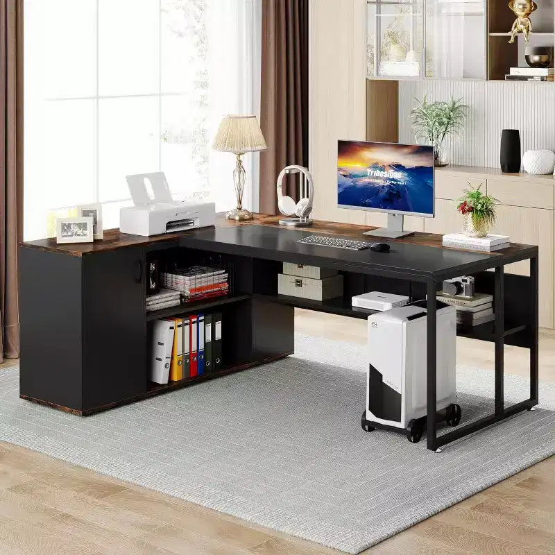 Bureau de direction de 70,86 pouces, bureau d'angle avec armoire de rangement, poste de travail de bureau professionnel pour bureau à domicile