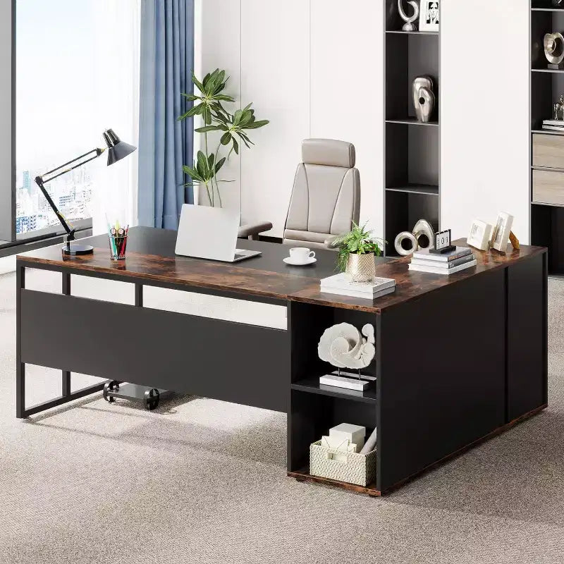 Bureau de direction de 70,86 pouces, bureau d'angle avec armoire de rangement, poste de travail de bureau professionnel pour bureau à domicile