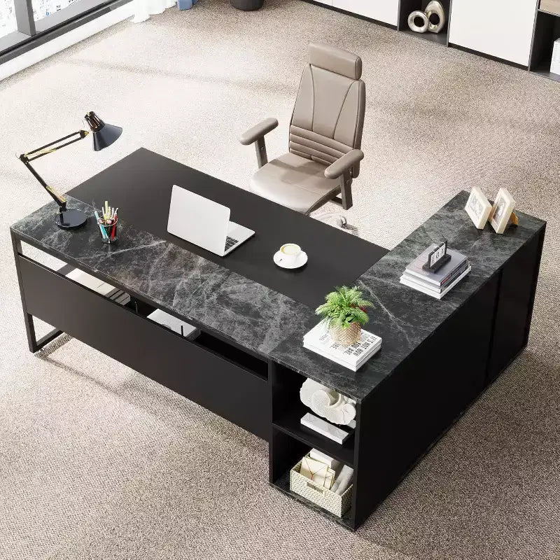 Bureau de direction de 70,86 pouces, bureau d'angle avec armoire de rangement, poste de travail de bureau professionnel pour bureau à domicile