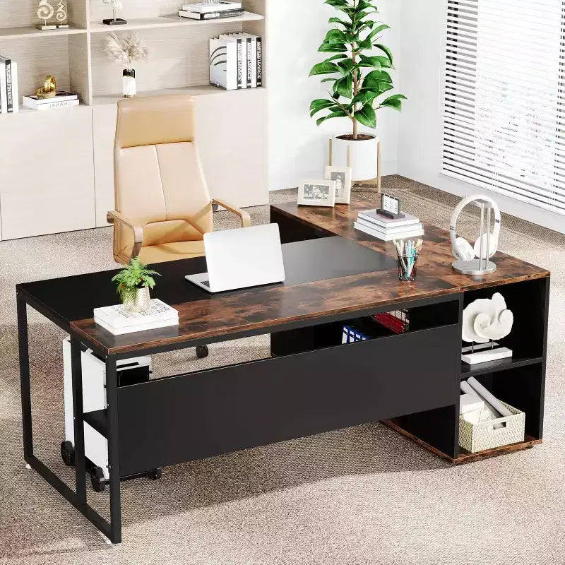 Bureau de direction de 70,86 pouces, bureau d'angle avec armoire de rangement, poste de travail de bureau professionnel pour bureau à domicile