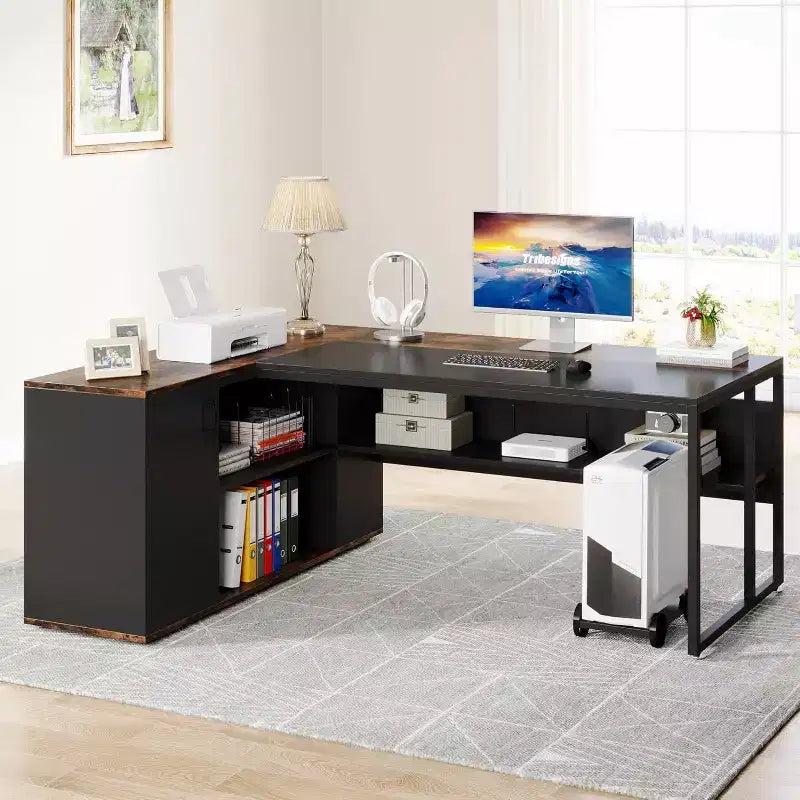 Bureau de direction de 70,86 pouces, bureau d'angle avec armoire de rangement, poste de travail de bureau professionnel pour bureau à domicile