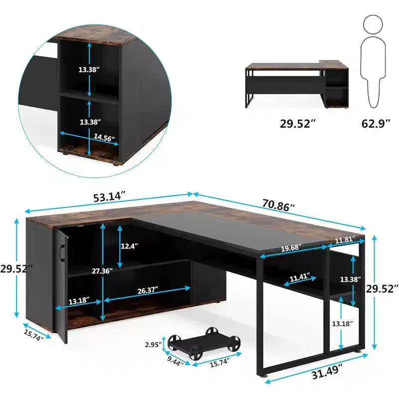 Bureau de direction de 70,86 pouces, bureau d'angle avec armoire de rangement, poste de travail de bureau professionnel pour bureau à domicile