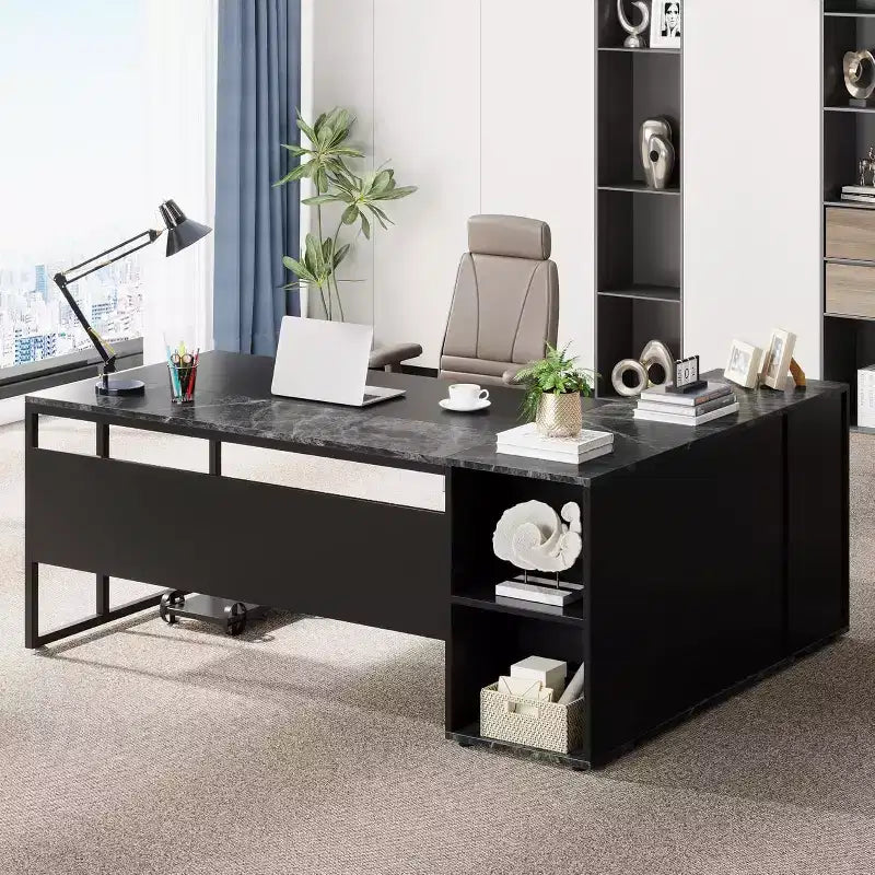 Bureau de direction de 70,86 pouces, bureau d'angle avec armoire de rangement, poste de travail de bureau professionnel pour bureau à domicile