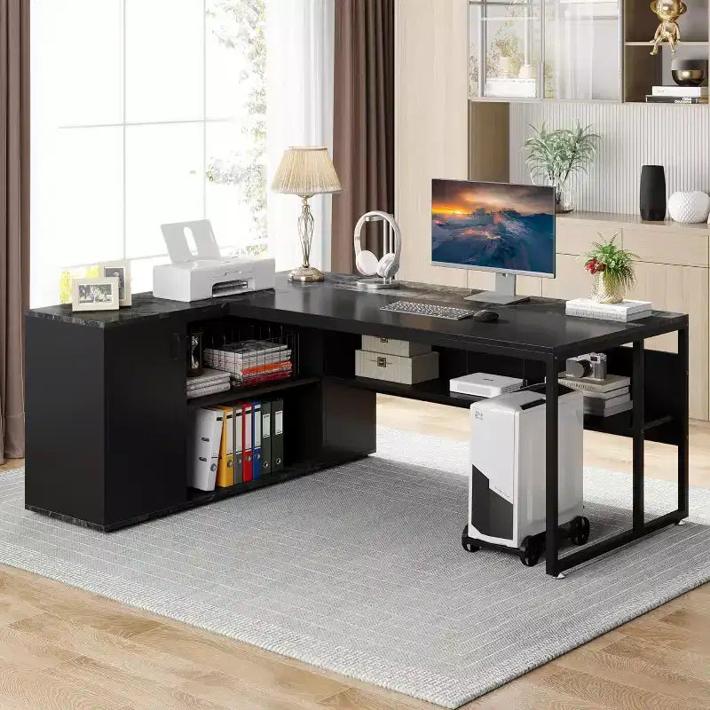 Bureau de direction de 70,86 pouces, bureau d'angle avec armoire de rangement, poste de travail de bureau professionnel pour bureau à domicile