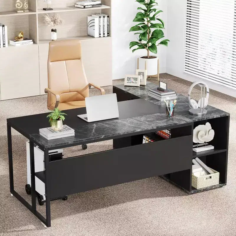 Bureau de direction de 70,86 pouces, bureau d'angle avec armoire de rangement, poste de travail de bureau professionnel pour bureau à domicile