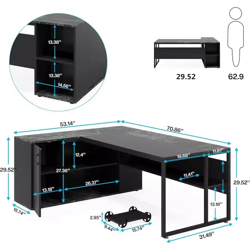 Bureau de direction de 70,86 pouces, bureau d'angle avec armoire de rangement, poste de travail de bureau professionnel pour bureau à domicile