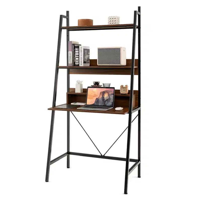 Costway 71'' High Ladder Desk with Open Shelves 3-Tier Ladder Shelf Computer Desk Brown