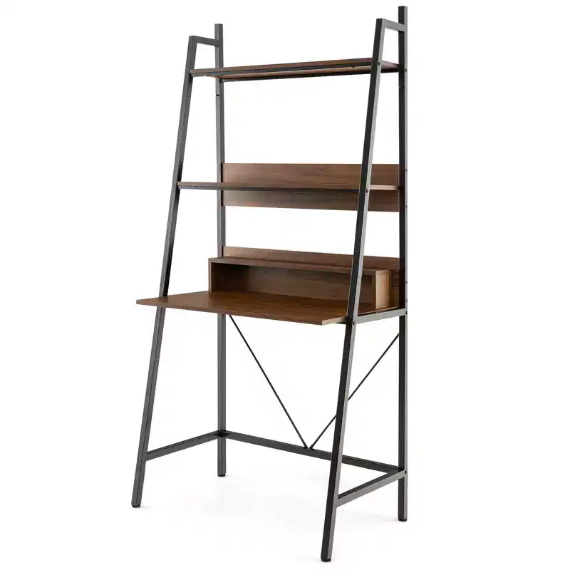 Bureau échelle de 180 cm avec étagères ouvertes, bureau d'ordinateur à 3 niveaux marron