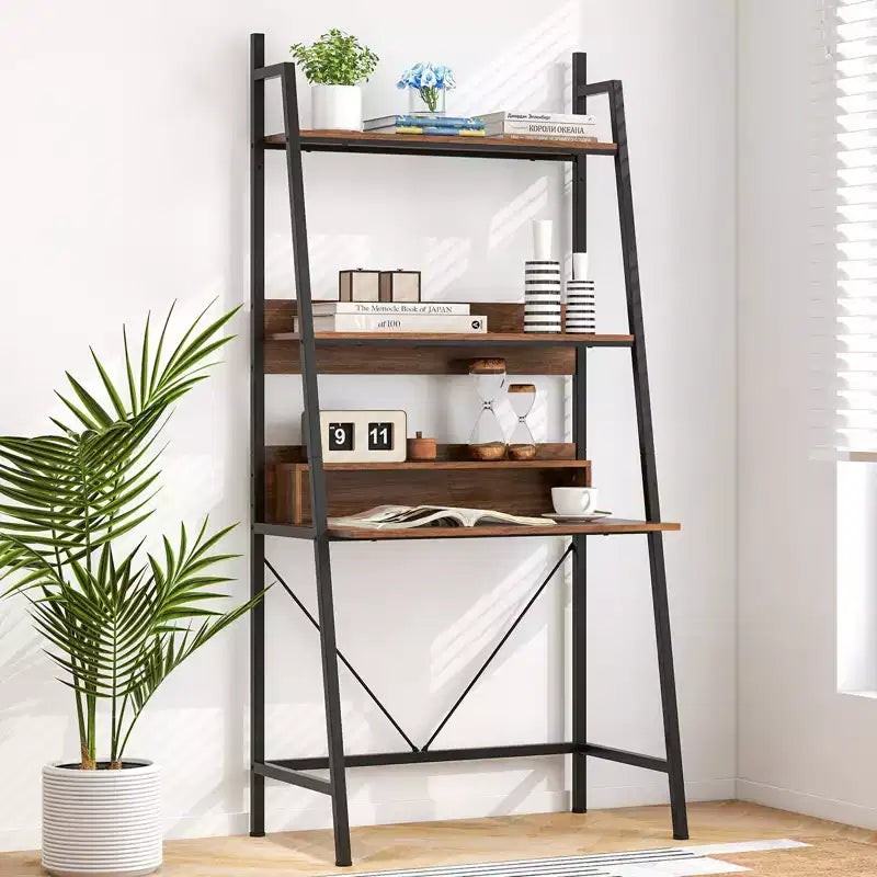 Bureau échelle de 180 cm avec étagères ouvertes, bureau d'ordinateur à 3 niveaux marron
