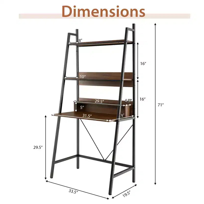 Bureau échelle de 180 cm avec étagères ouvertes, bureau d'ordinateur à 3 niveaux marron
