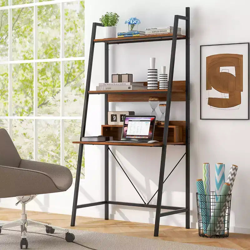 Bureau échelle de 180 cm avec étagères ouvertes, bureau d'ordinateur à 3 niveaux marron