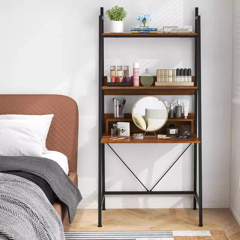 Bureau échelle de 180 cm avec étagères ouvertes, bureau d'ordinateur à 3 niveaux marron