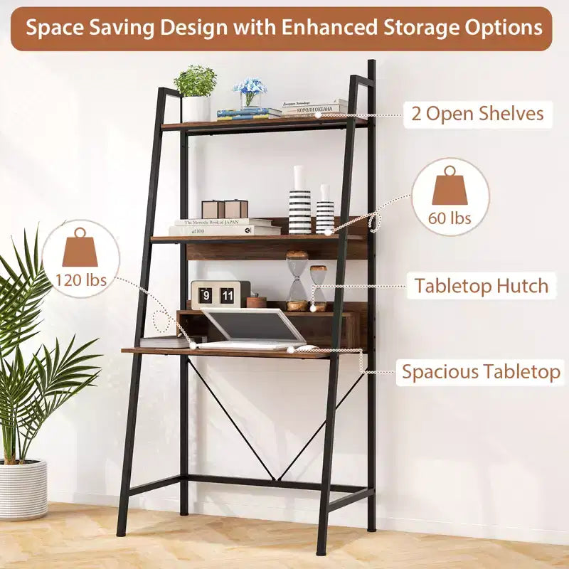 Bureau échelle de 180 cm avec étagères ouvertes, bureau d'ordinateur à 3 niveaux marron