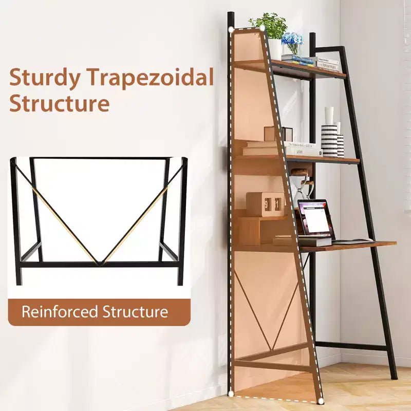 Bureau échelle de 180 cm avec étagères ouvertes, bureau d'ordinateur à 3 niveaux marron