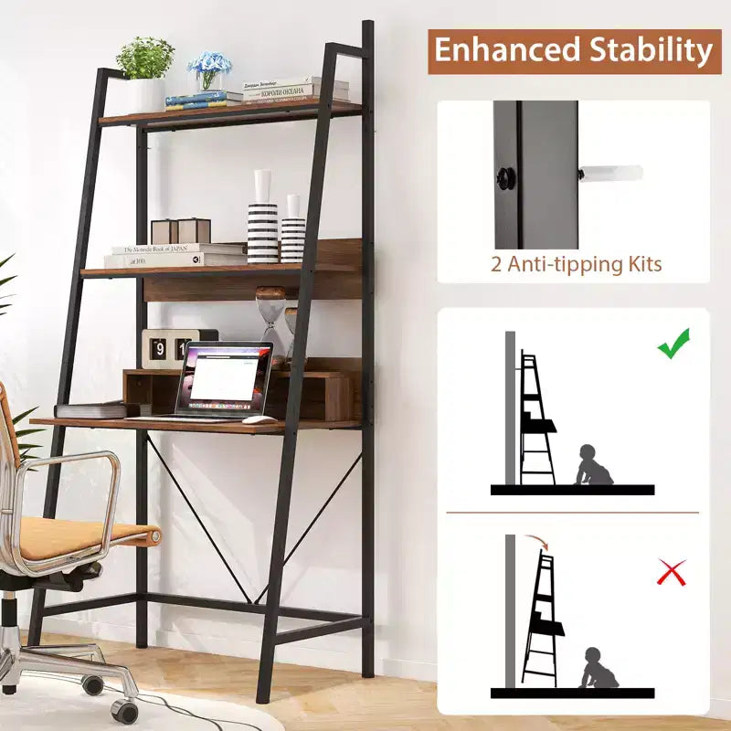 Bureau échelle de 180 cm avec étagères ouvertes, bureau d'ordinateur à 3 niveaux marron