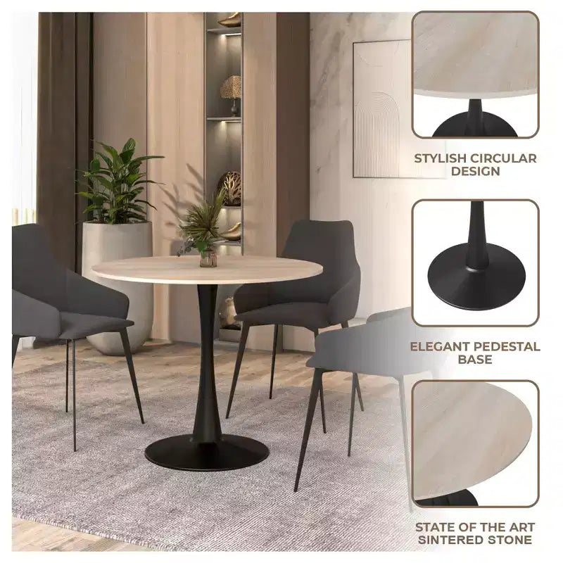 Table à manger ronde Bristol 31, plateau en pierre frittée, pied colonne en acier noir, table d'appoint de café pour la cuisine et les petits espaces