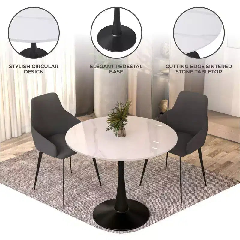 Table à manger ronde Bristol 31, plateau en pierre frittée, pied colonne en acier noir, table d'appoint de café pour la cuisine et les petits espaces