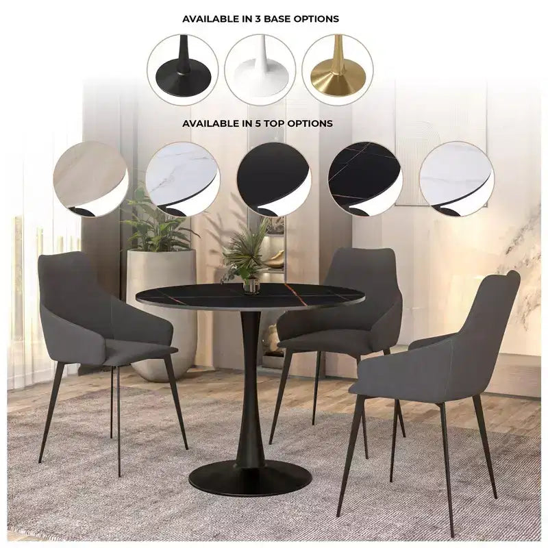 Table à manger ronde Bristol 31, plateau en pierre frittée, pied colonne en acier noir, table d'appoint de café pour la cuisine et les petits espaces
