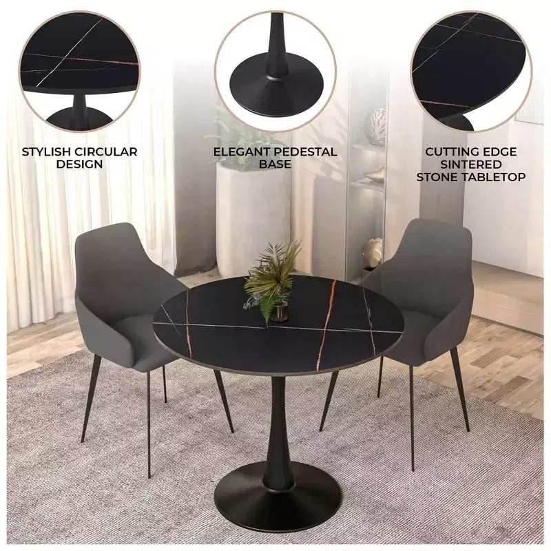 Table à manger ronde Bristol 31, plateau en pierre frittée, pied colonne en acier noir, table d'appoint de café pour la cuisine et les petits espaces