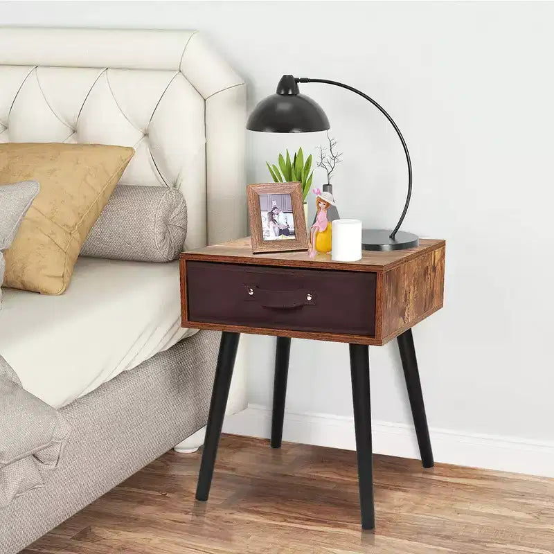 Table de Chevet d'Appoint du Milieu du Siècle avec Tiroir en Tissu Marron Rustique