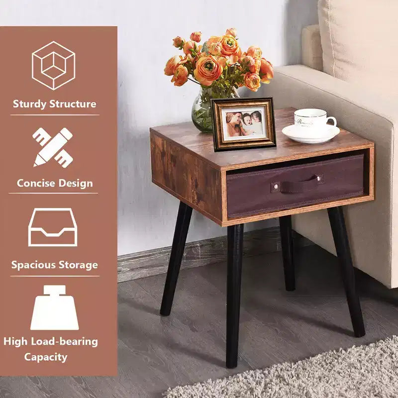 Table de Chevet d'Appoint du Milieu du Siècle avec Tiroir en Tissu Marron Rustique